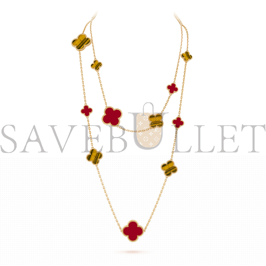 V*N CL*F arpels magic alhambra long necklace, 16 motifs - yellow gold, carnelian, tiger eye  vcarn5jo00